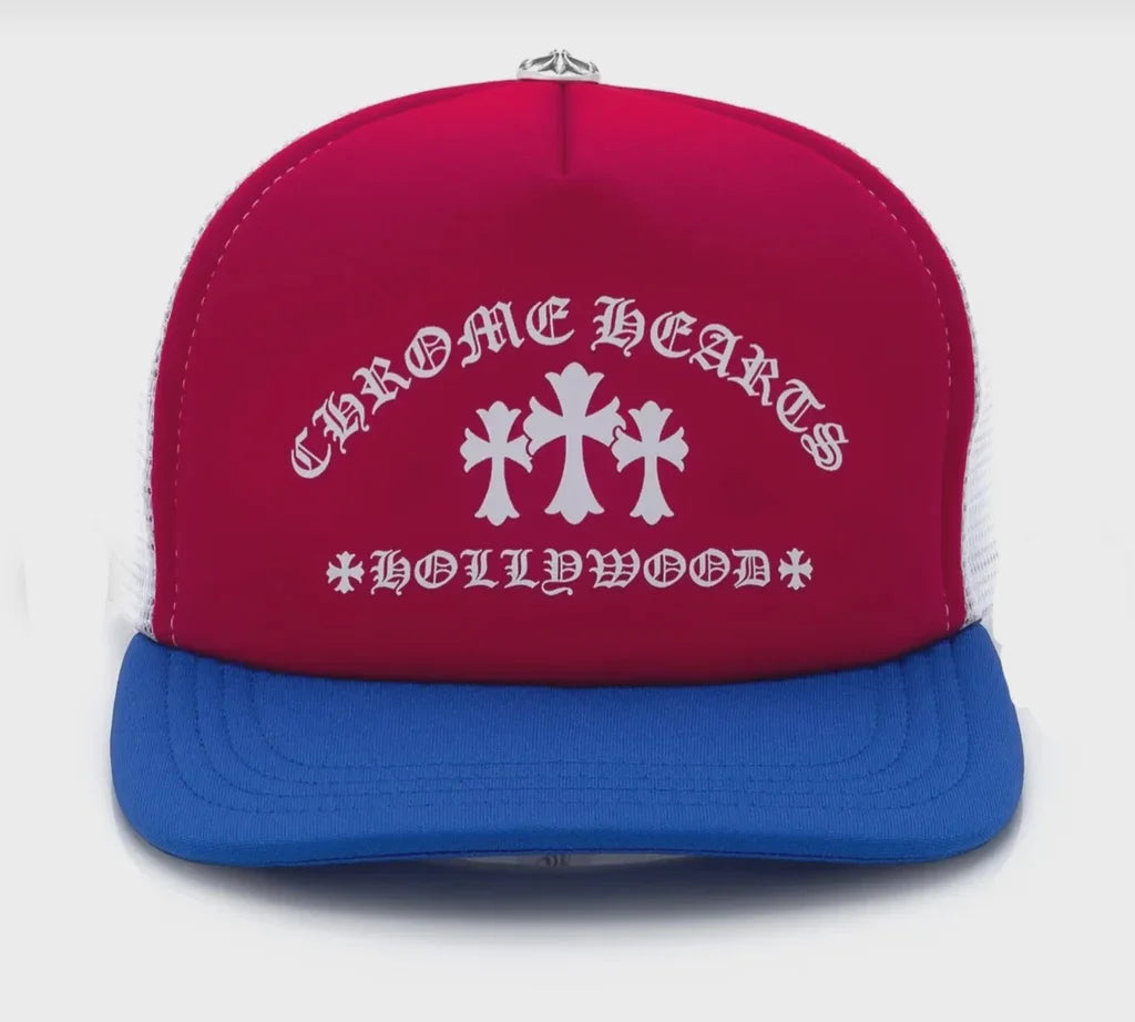 Chrome Hearts Trucker Hat Cemetery Cross (Blue/White/Red)