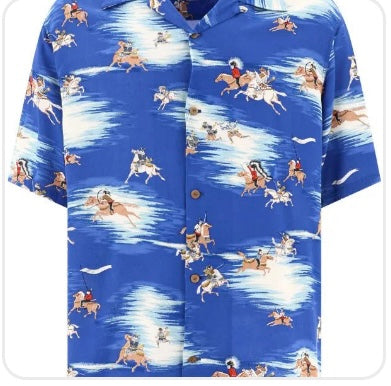 Kapital horse print button up tee blue